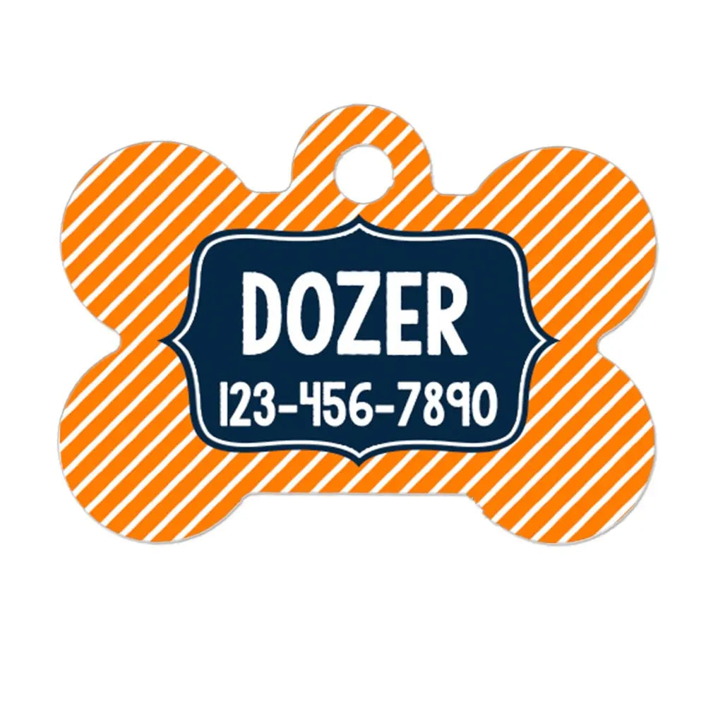 Orange bone-shaped dog tag with blue ID panel: DOZER and 123-456-7890