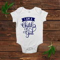 White short-sleeve baby bodysuit with blue 'I am a Child of God' print and snap closure