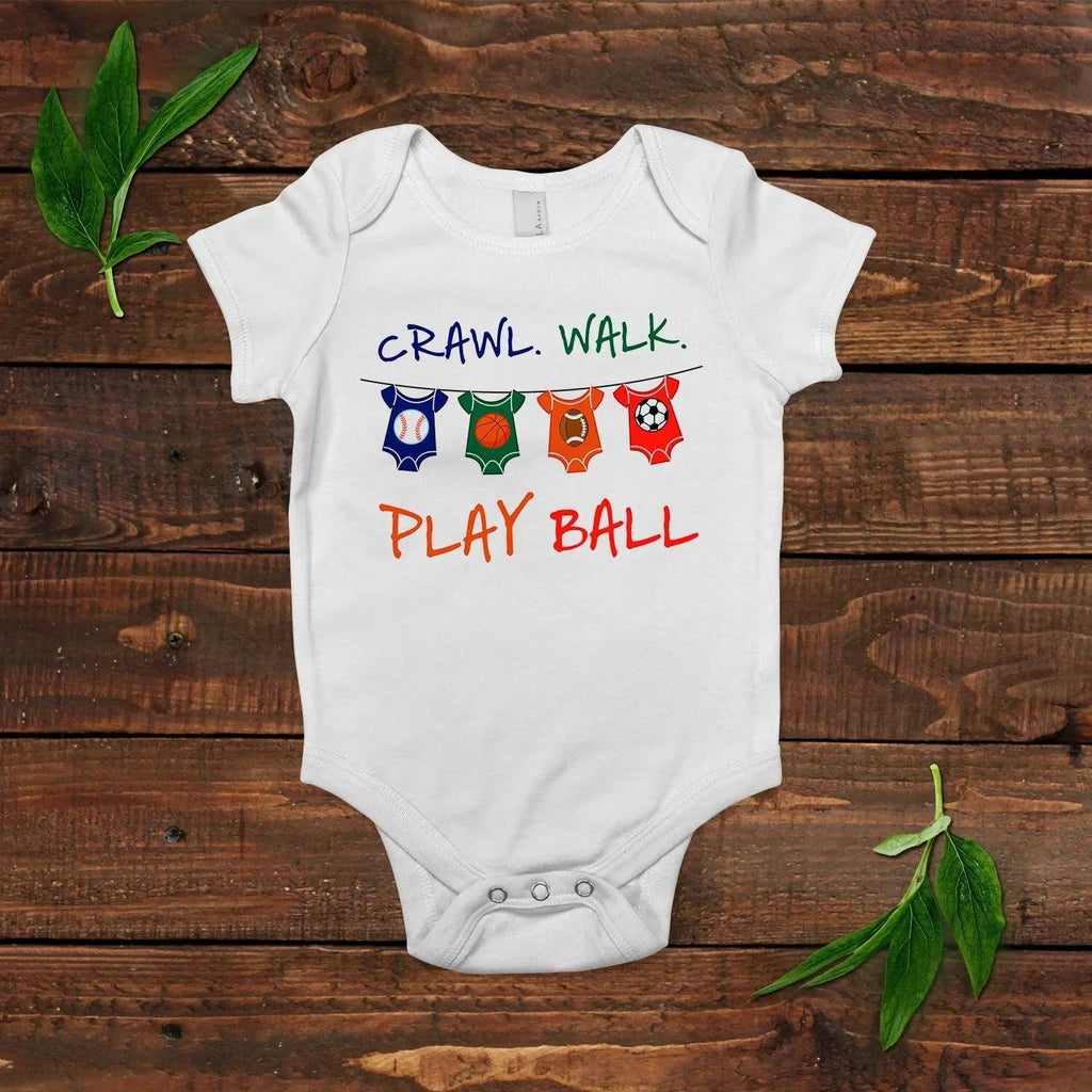 White baby short-sleeve bodysuit with colorful sports icons and slogan print