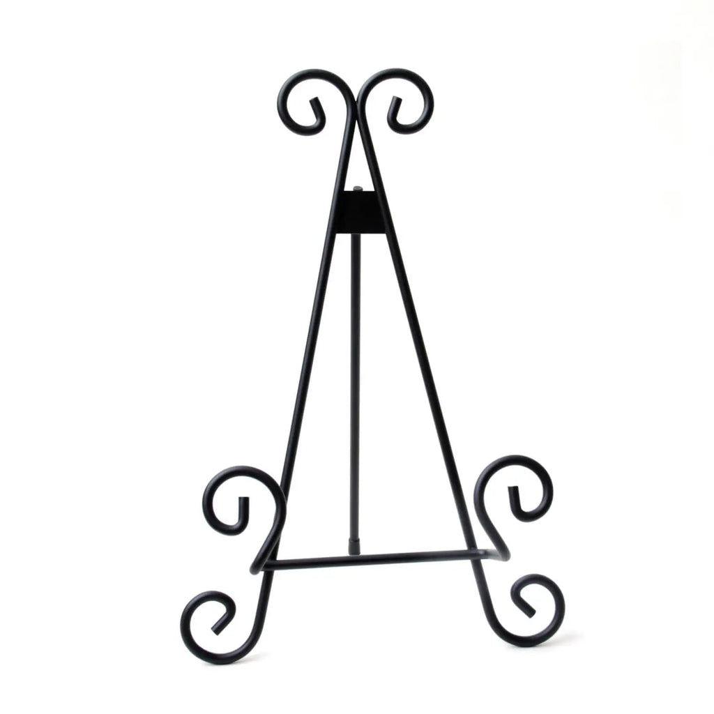 Black metal A-frame display stand for holding a small cutting board