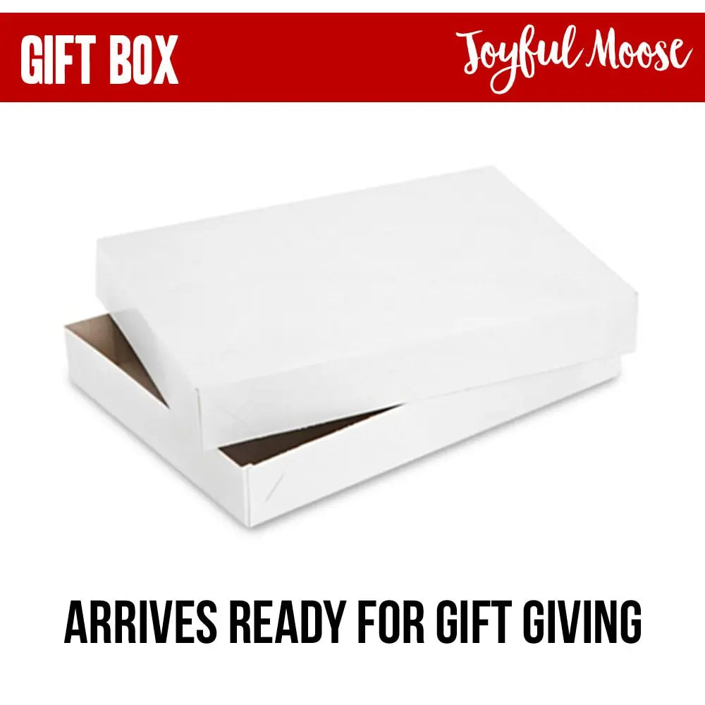 White gift box with open lid and text 'ARRIVES READY FOR GIFT GIVING'