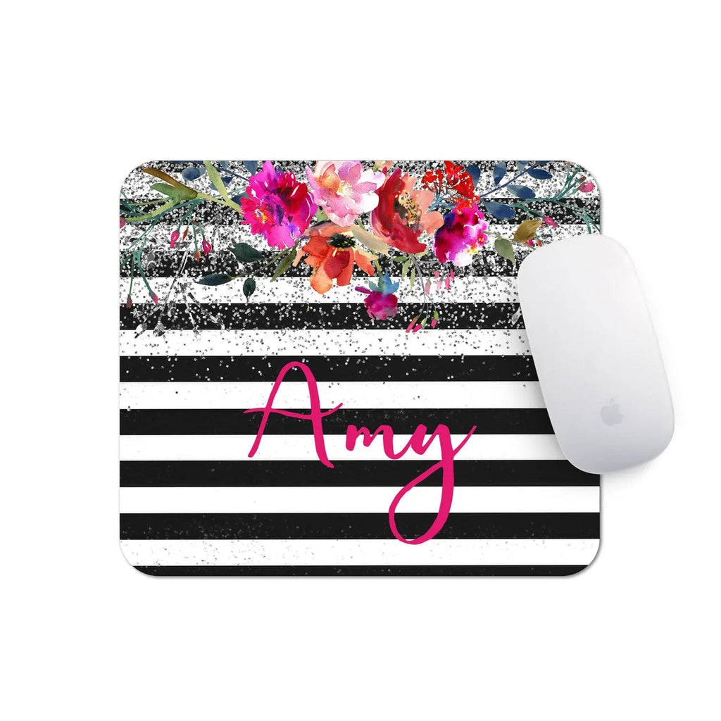 Floral striped mouse pad with pink “Amy” script and black-and-white stripes