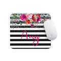 Floral striped mouse pad with pink “Amy” script and black-and-white stripes