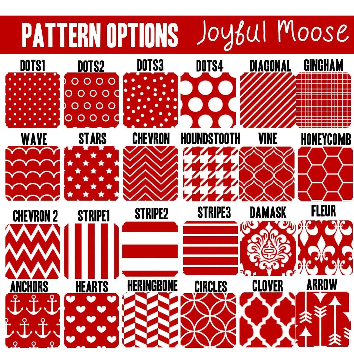 Pattern options swatch sheet for pet ID tags with dots, stripes, chevrons, and more