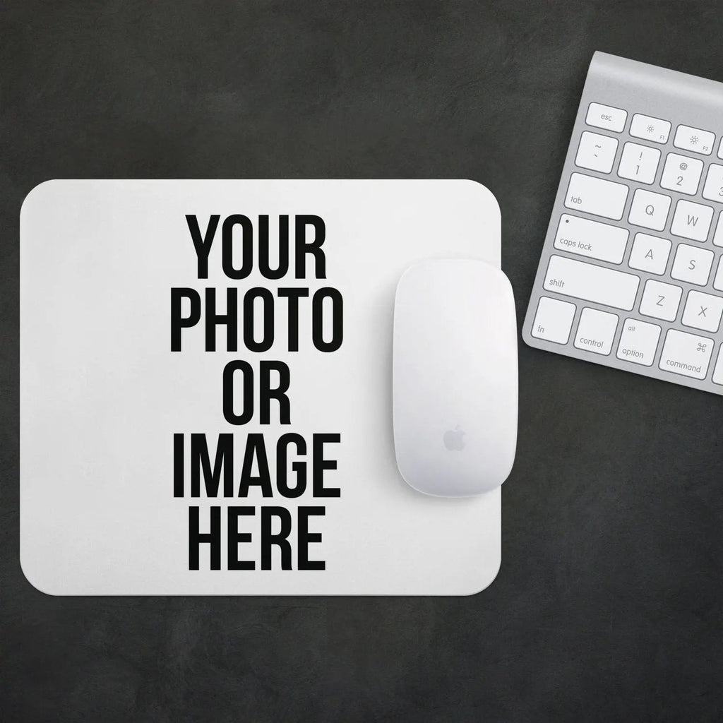 White custom photo mouse pad with "YOUR PHOTO OR IMAGE HERE" placeholder text