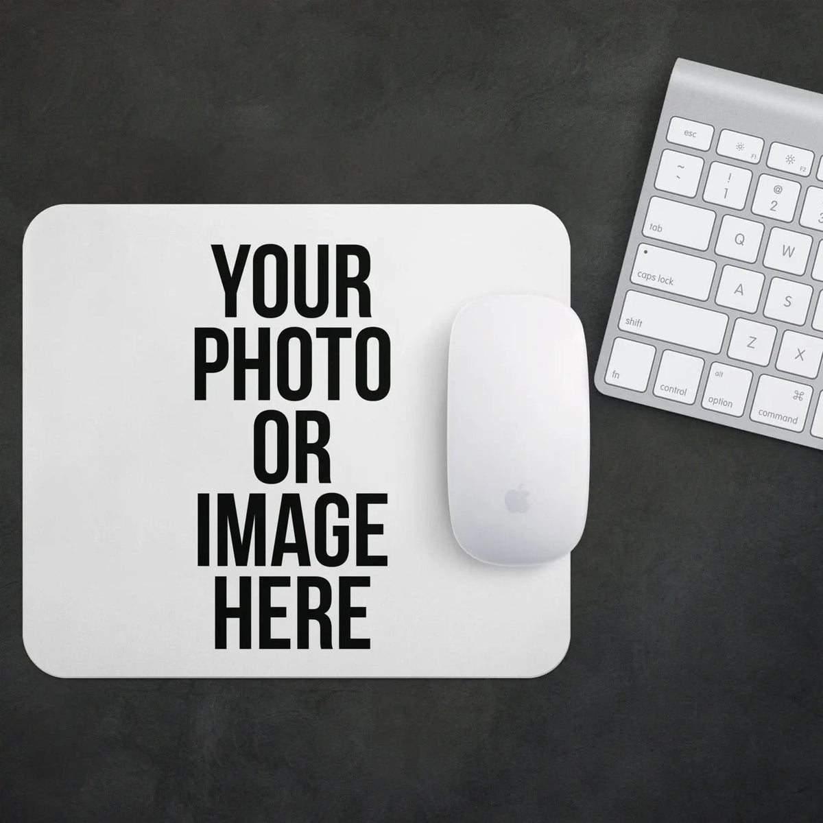 White custom photo mouse pad with "YOUR PHOTO OR IMAGE HERE" placeholder text