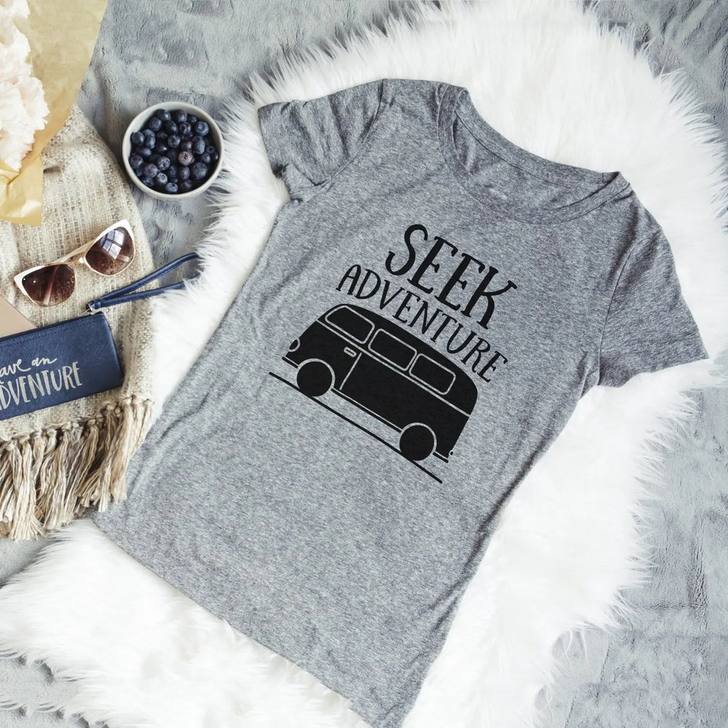 Light gray unisex T-shirt with “SEEK ADVENTURE” van graphic on the front