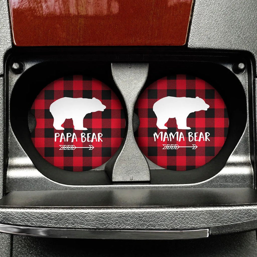 Set of 2 circular buffalo plaid car coasters with bear logos in black holder