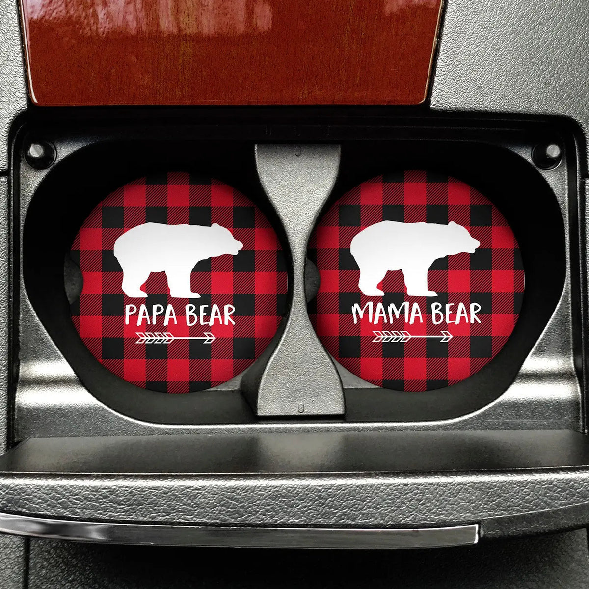 Set of 2 circular buffalo plaid car coasters with bear logos in black holder