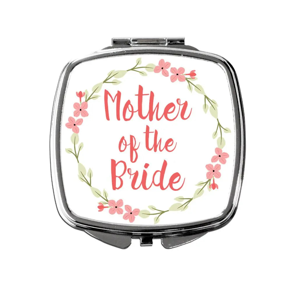 Coral floral compact mirror with “Mother of the Bride” text and flower wreath design