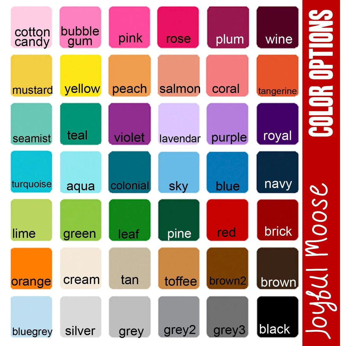 Color options swatch board with rows of solid shades