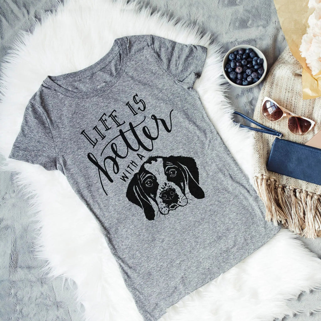 Gray unisex dog mom T-shirt with “Life is better” script and black dog graphic