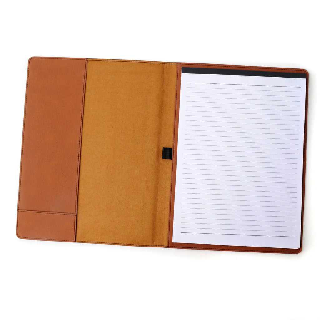 Brown faux leather legal pad portfolio open with lined paper and stitched borders