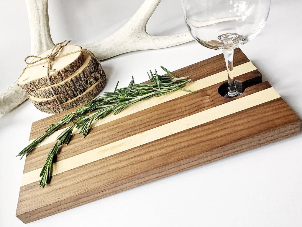 Maple and walnut wood charcuterie board with wine glass holder slot