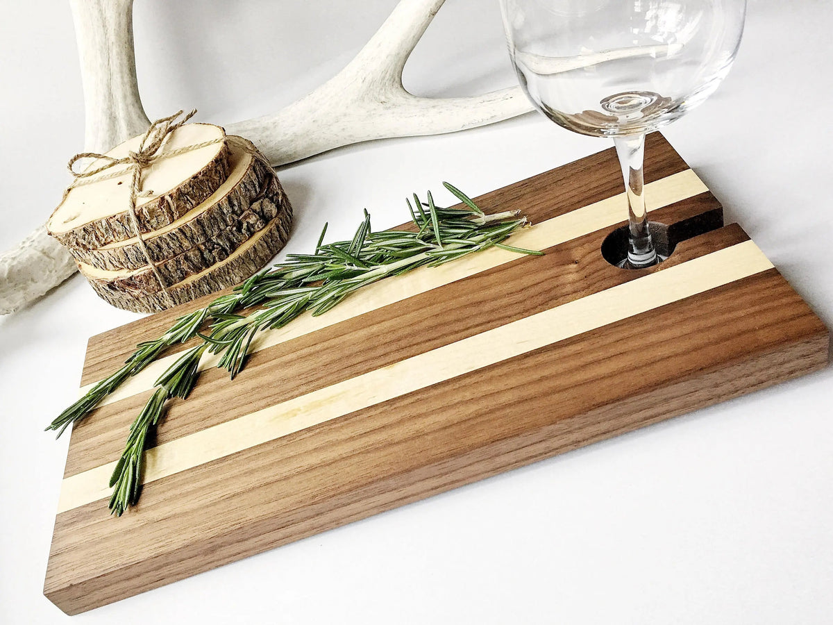 Maple and walnut wood charcuterie board with wine glass holder slot