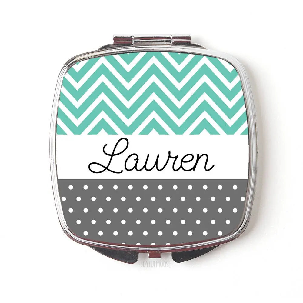 Pocket compact mirror with teal chevron and gray polka dot design