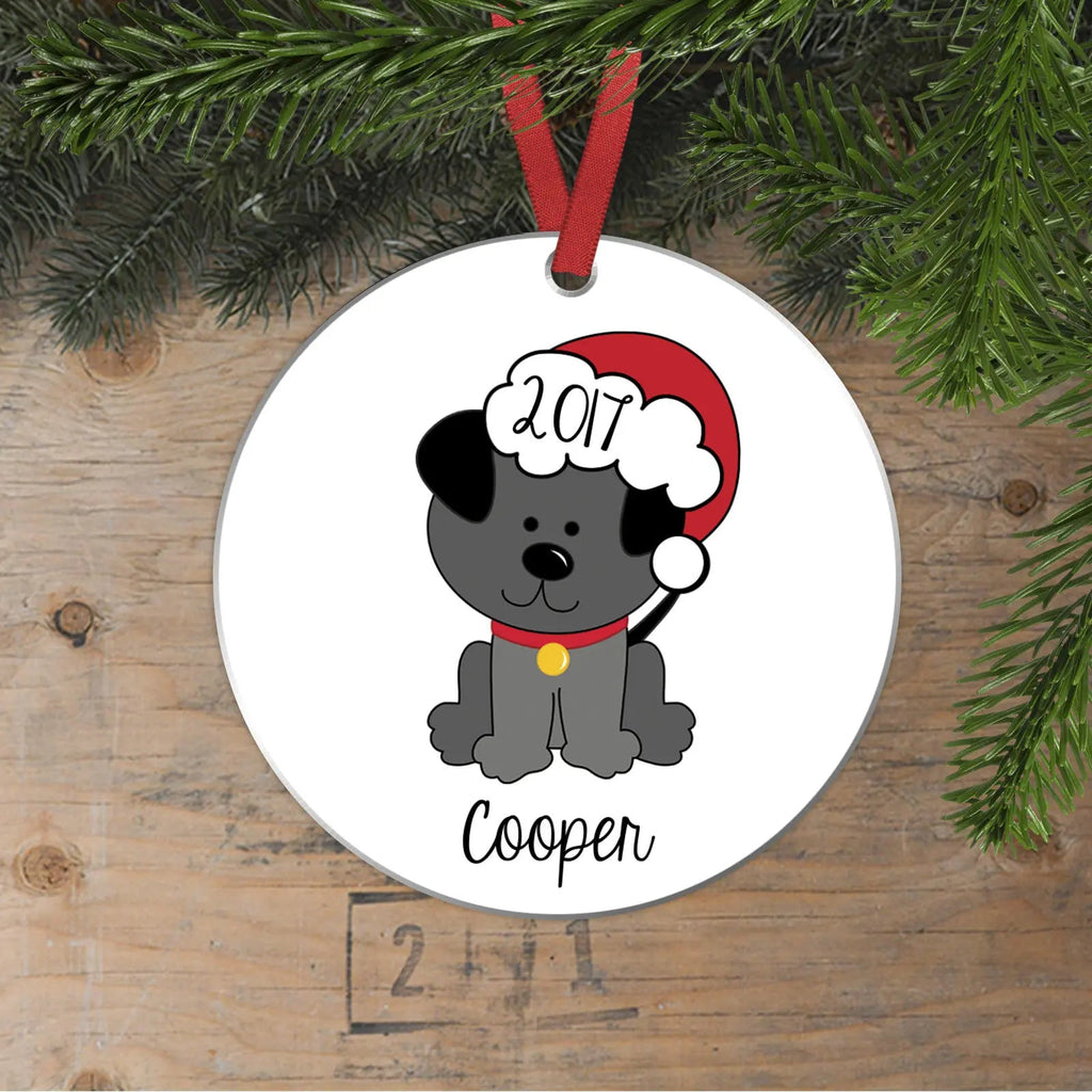 Personalized dog Christmas ornament, black dog with red hat, year 2017, name Cooper