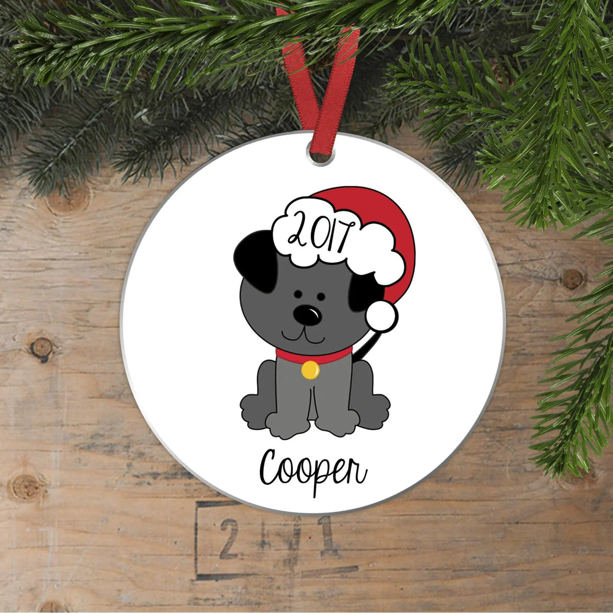 Personalized dog Christmas ornament, black dog with red hat, year 2017, name Cooper