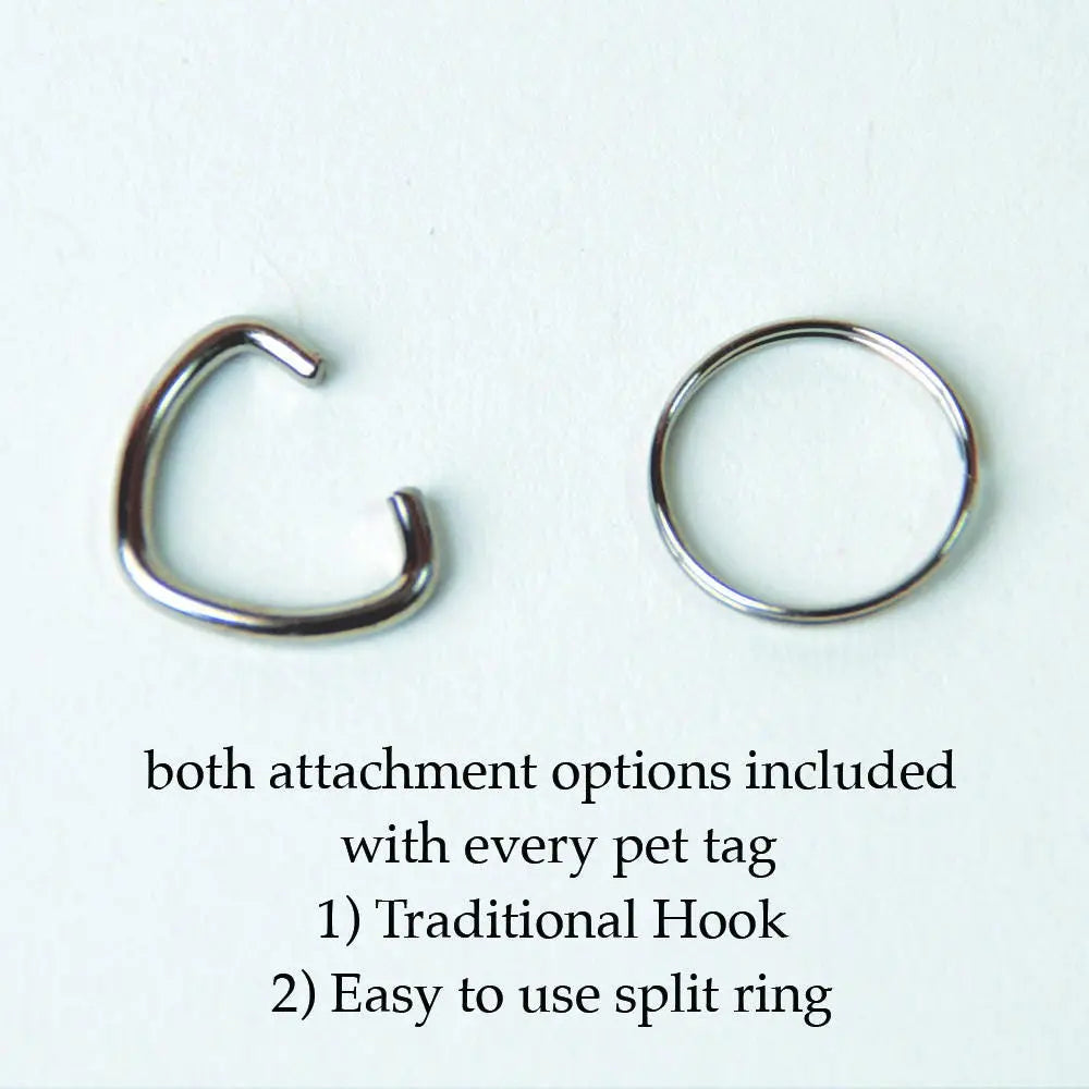 Pet tag attachment hardware: traditional hook and split ring shown on white background