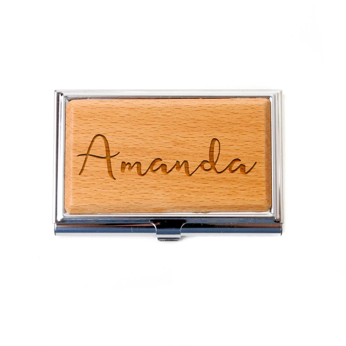 Personalized bamboo business card holder with engraved name Amanda