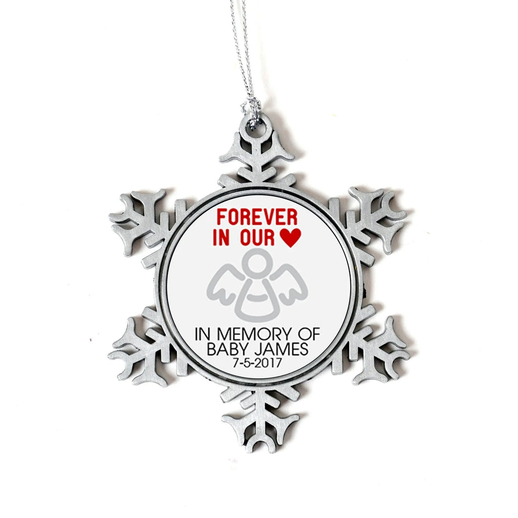 Silver snowflake memorial ornament pendant with Forever in our heart text
