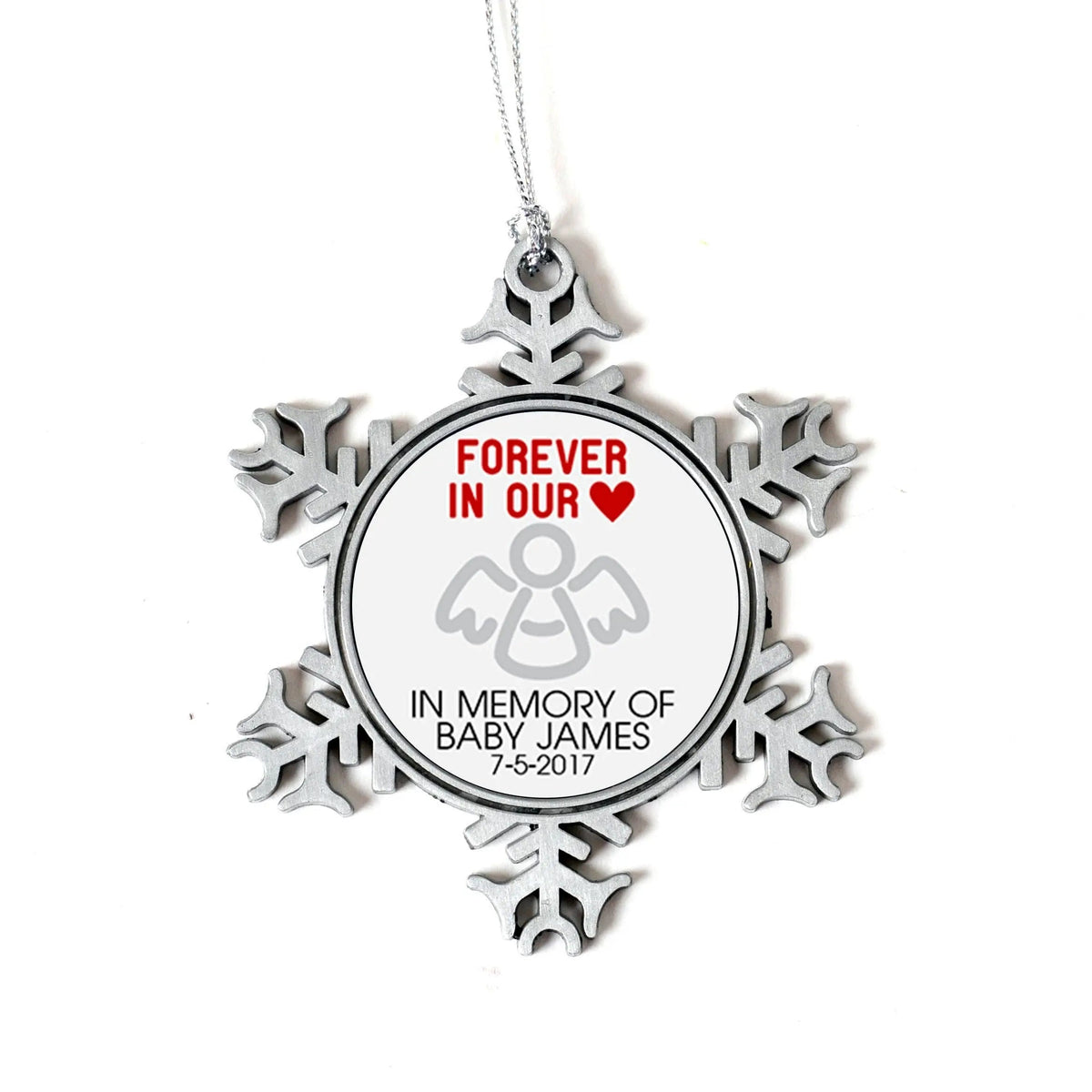 Silver snowflake memorial ornament pendant with Forever in our heart text