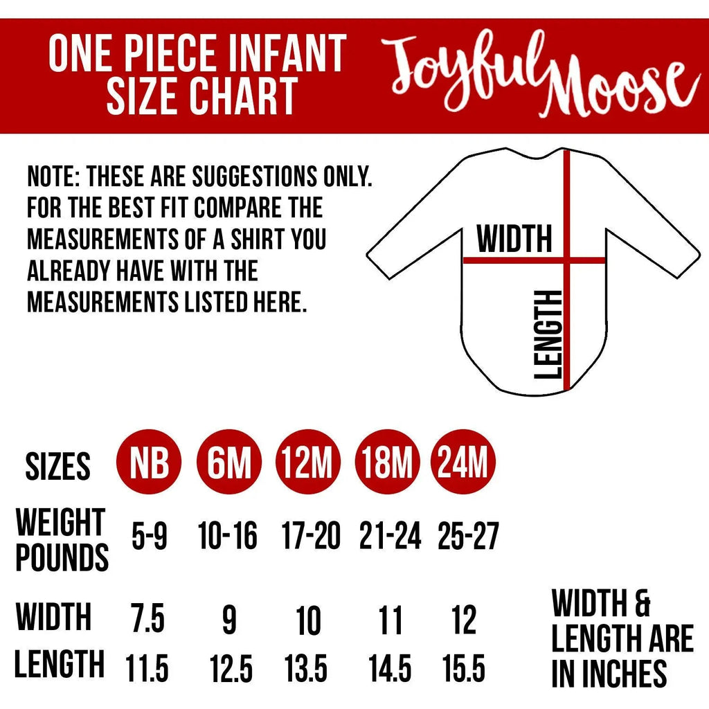 Infant onesie size chart with Joyful Moose branding and sizes NB–24M