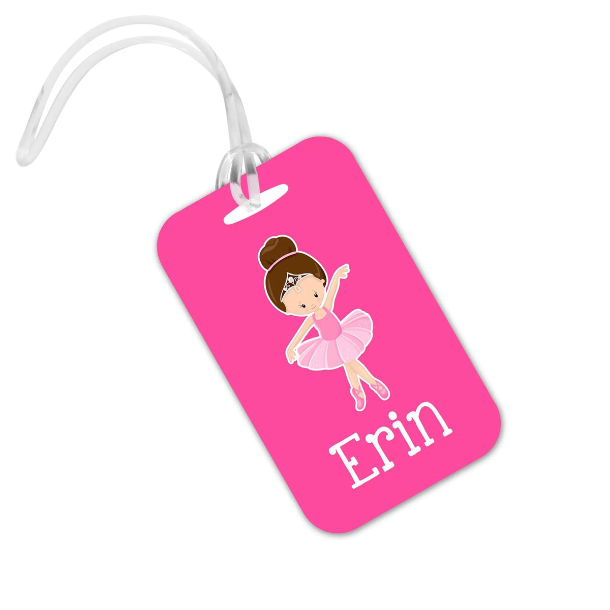 Hot pink tag with ballerina graphic and name Erin, white string looped through top