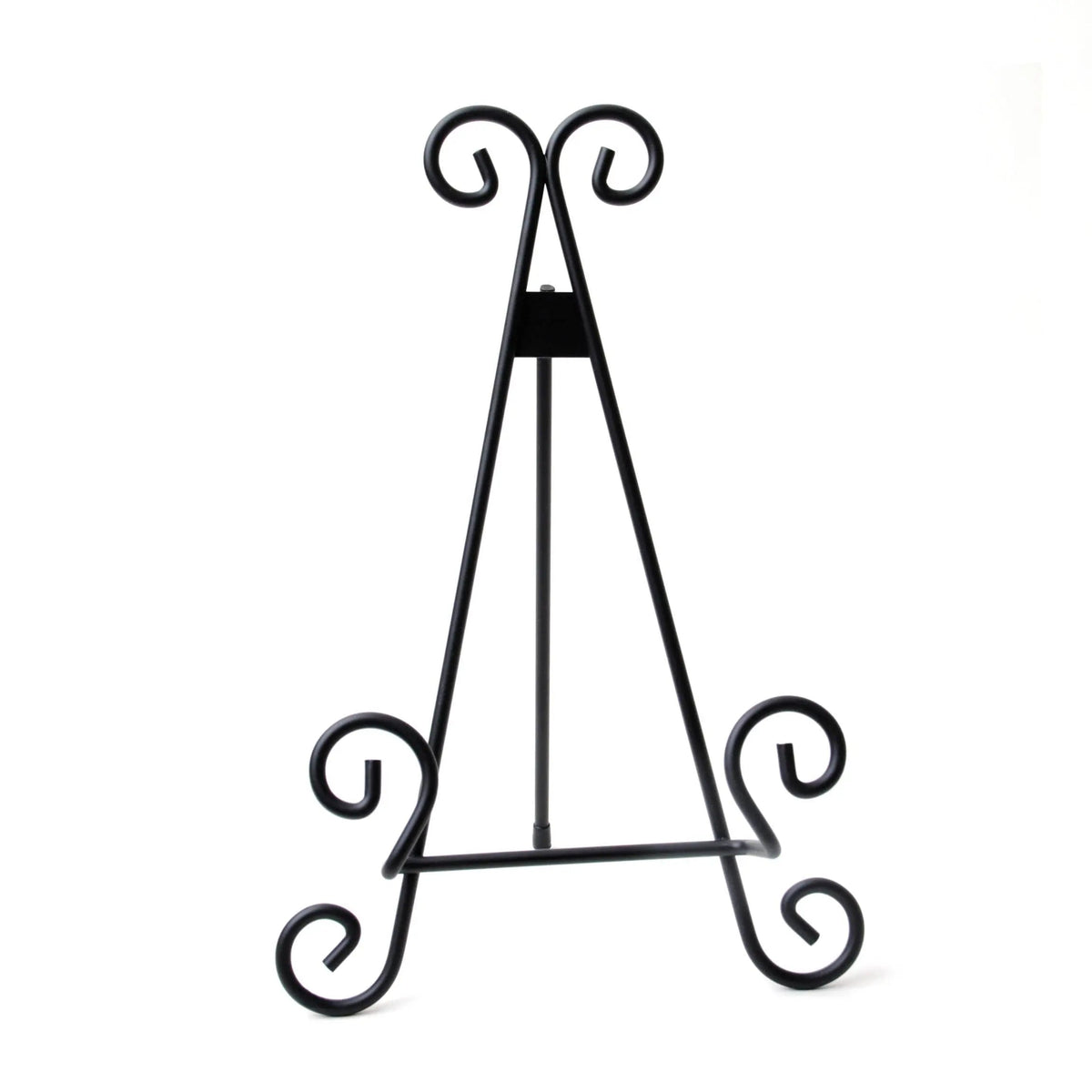 Black metal display stand with scrollwork loops, triangular easel shape