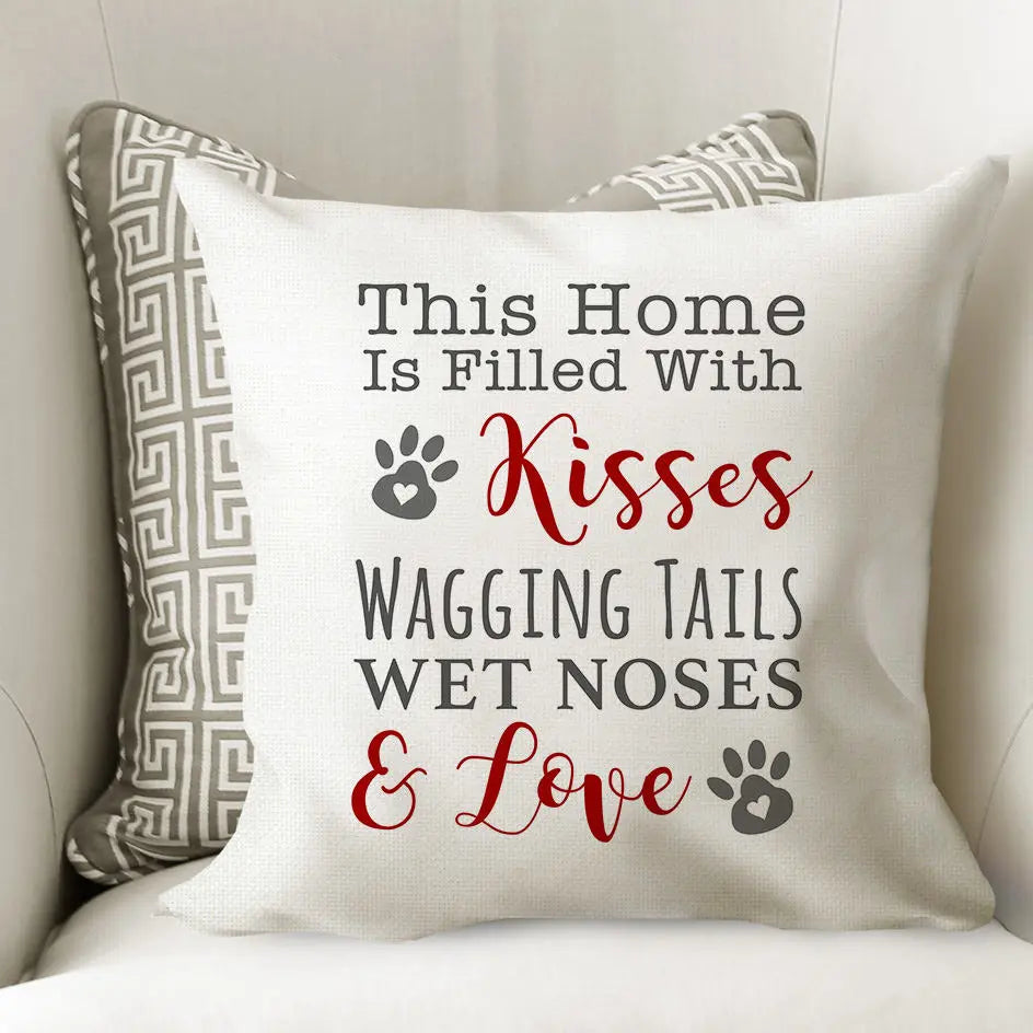 White dog pillow cover with centered paw-print quote and gray geometric back panel