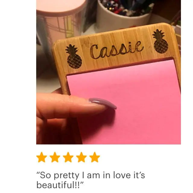 Bamboo sticky note holder with personalized name Cassie and pineapple accents, pink sticky note