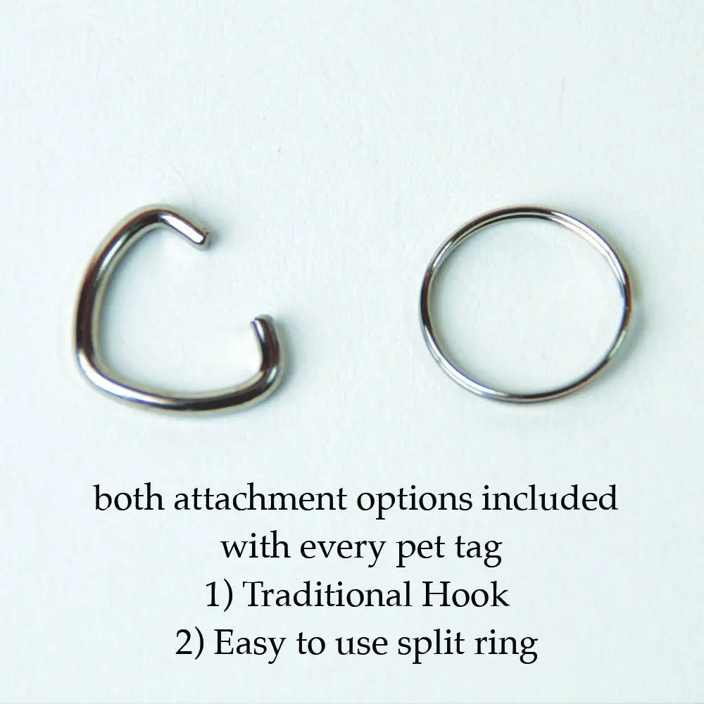 Pet ID tag attachment options showing traditional hook and easy split ring