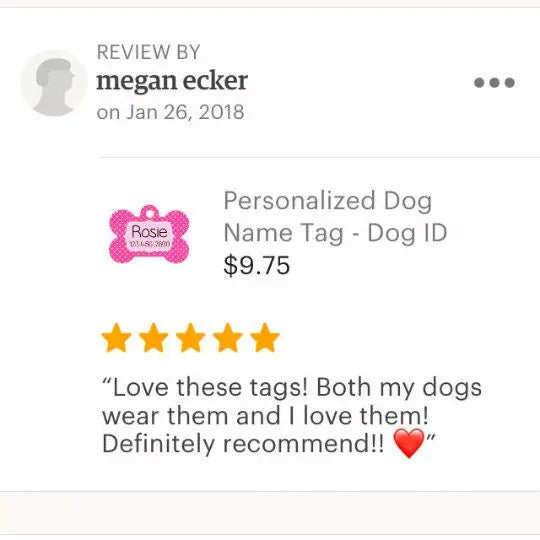 5-star review for a personalized dog name tag with price listed