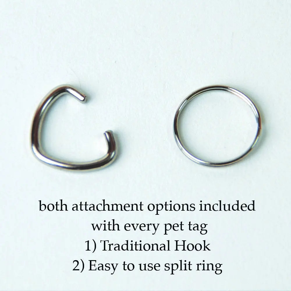 Pet ID tag attachment options: split ring and traditional hook