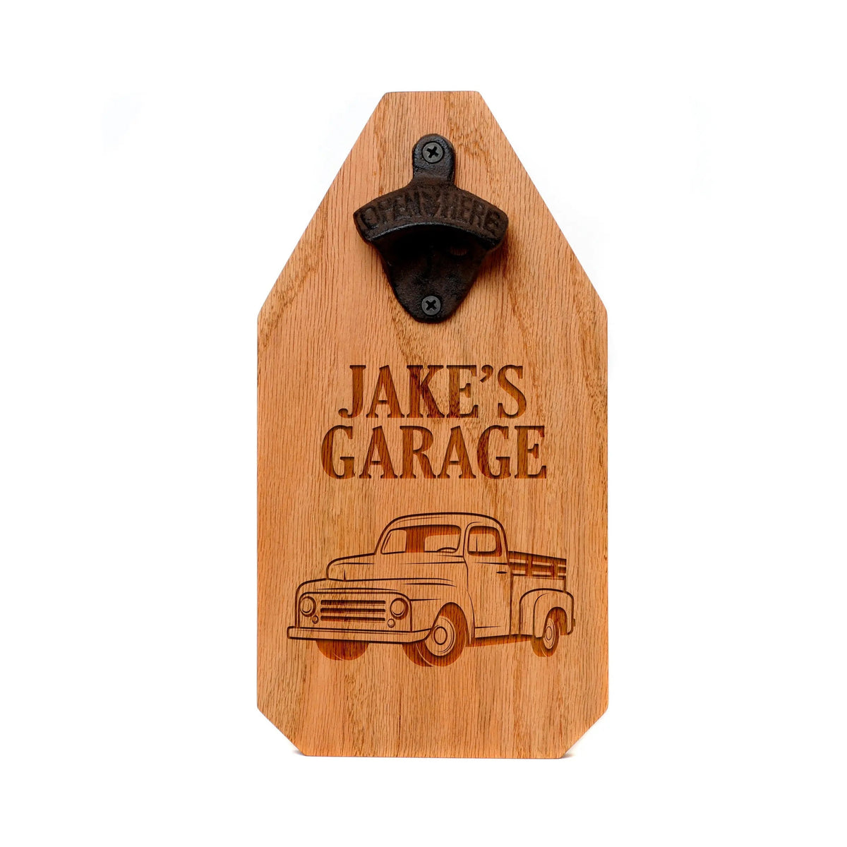 Personalized wooden garage sign with bottle opener and engraved “Jake’s Garage.”