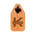 Personalized wooden bottle opener sign with KEVIN engraving and dark bottle opener