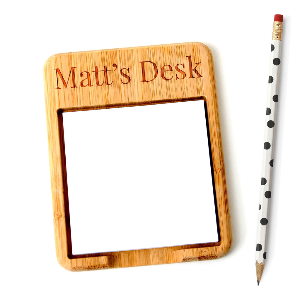 Wood desk note holder with engraved name at top and blank center insert