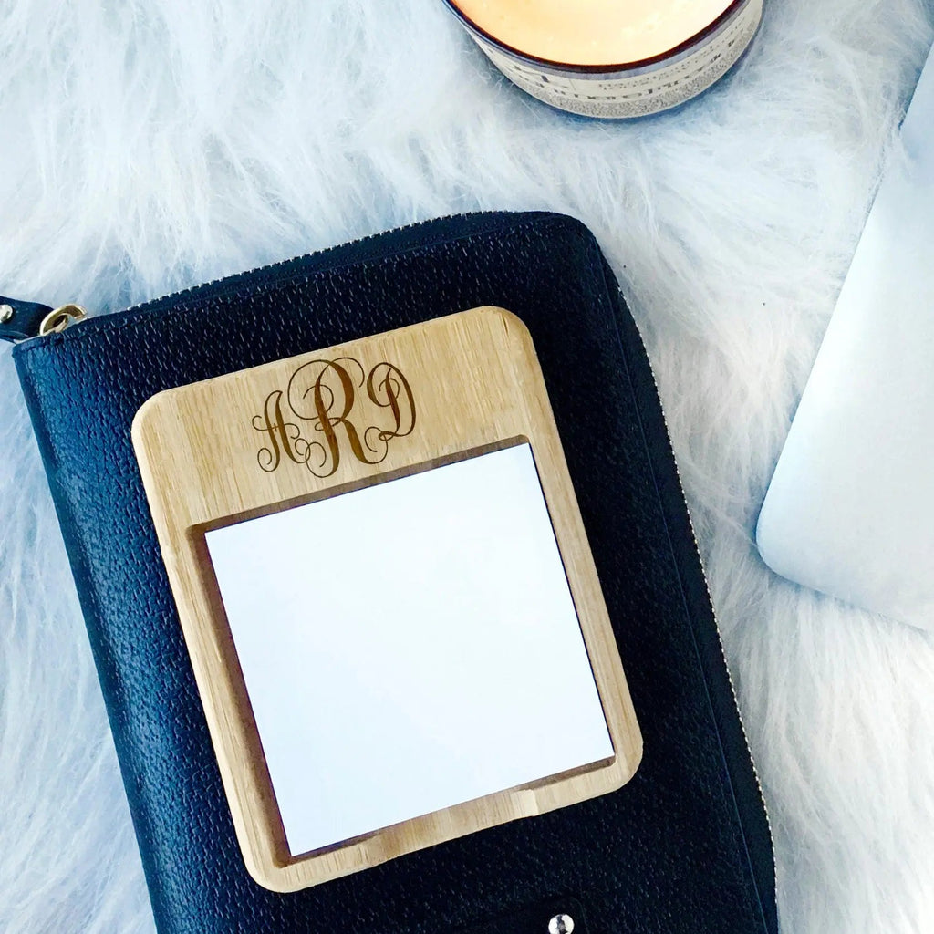 Bamboo monogram sticky note holder with navy faux-leather cover and blank note window