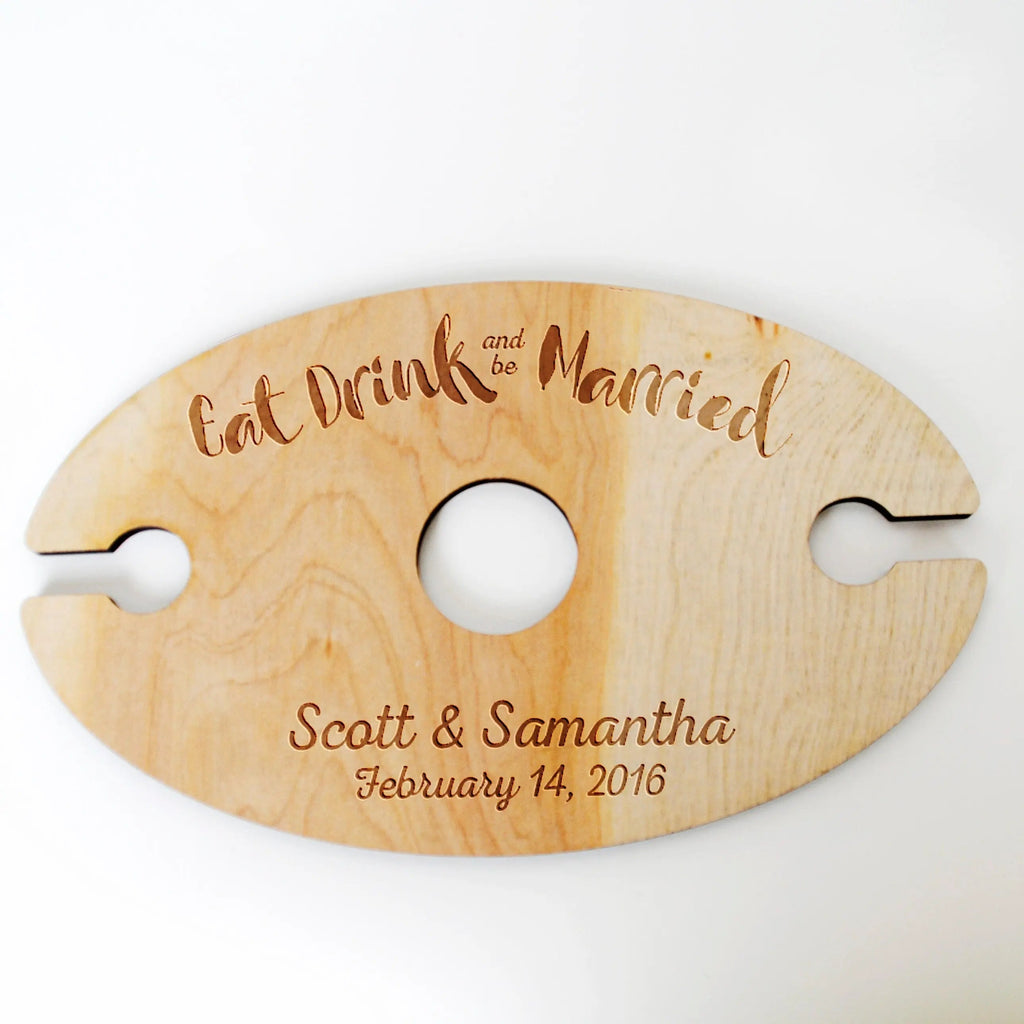 Wooden wine glass carrier with three stem holes, engraved 'Scott & Samantha' and 'February 14, 2016'.