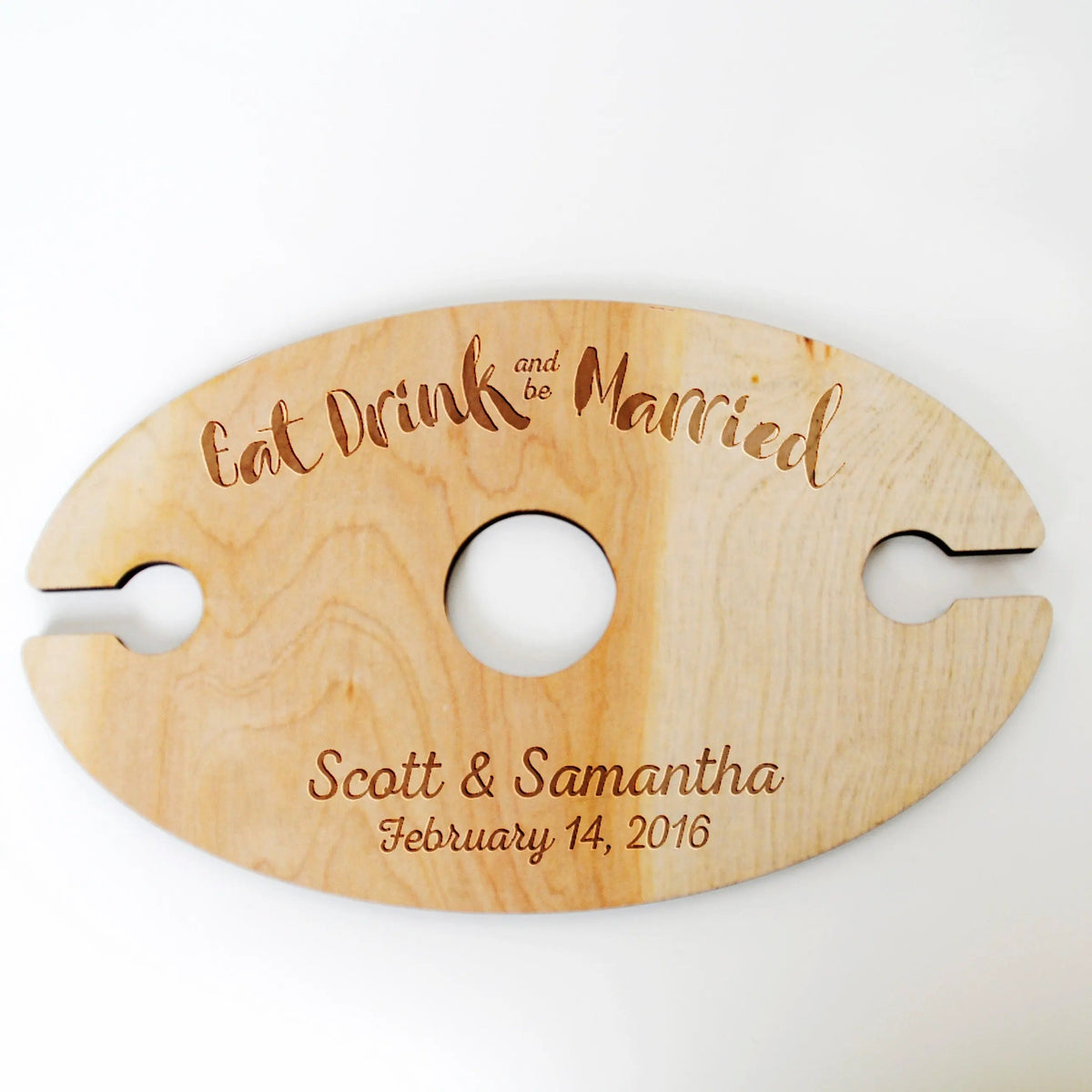 Wooden wine glass carrier with three stem holes, engraved 'Scott & Samantha' and 'February 14, 2016'.