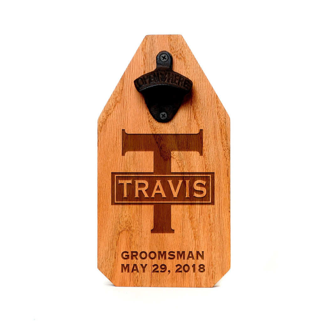 Personalized wooden bottle opener sign with beer-opener and engraved groomsman name