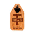 Personalized wooden bottle opener sign with beer-opener and engraved groomsman name