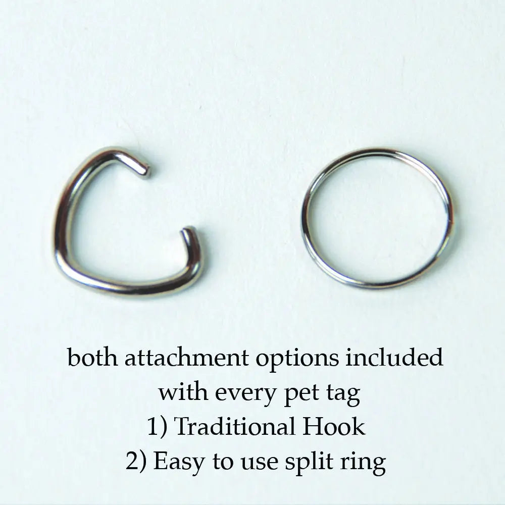 Pet ID tag accessory includes traditional hook and easy split-ring attachment