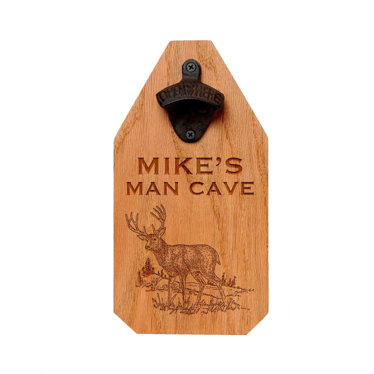 Wooden hanging bottle opener sign with deer engraving and text 'MIKE'S MAN CAVE'