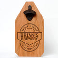 Rustic pine wood brewery sign with black bottle opener and 'BRIAN'S BREWERY' logo