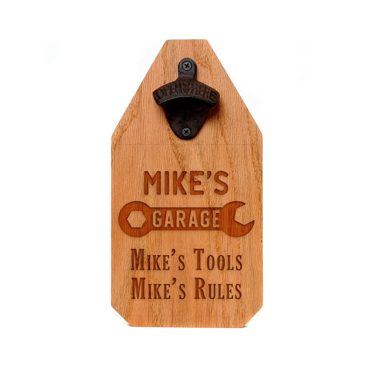 Personalized wood garage sign with metal bottle opener and engraved workshop text
