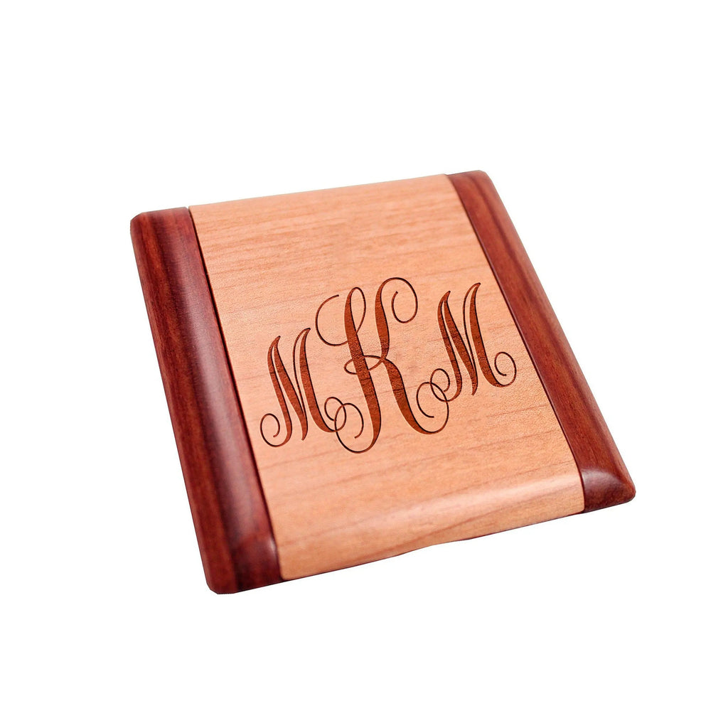 Personalized wooden pocket mirror with monogram, hinged compact, dark brown border