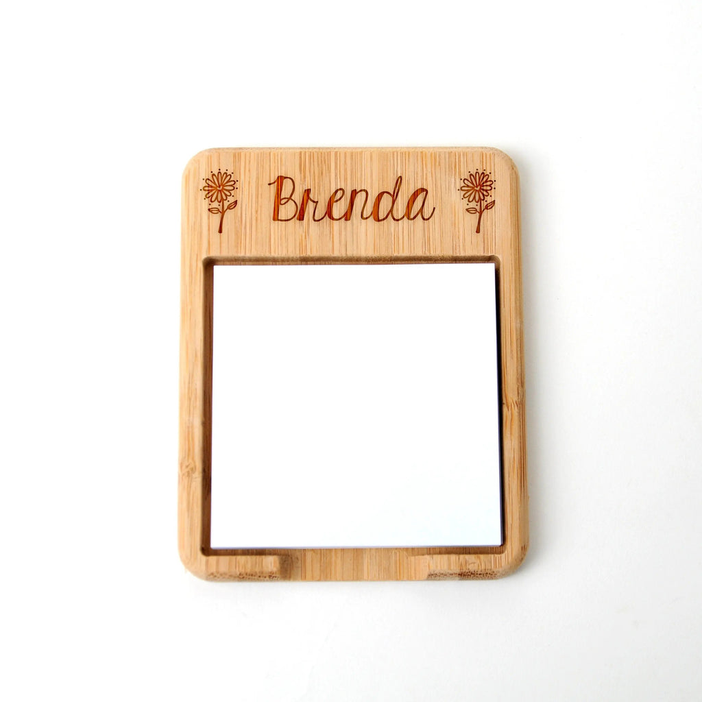 Bamboo sticky note holder with personalized name Brenda and floral accents, empty note frame