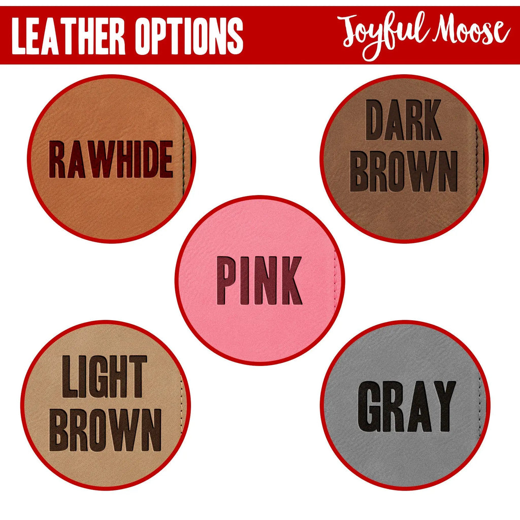 Leather options chart showing circles: Rawhide, Dark Brown, Pink, Light Brown, Gray