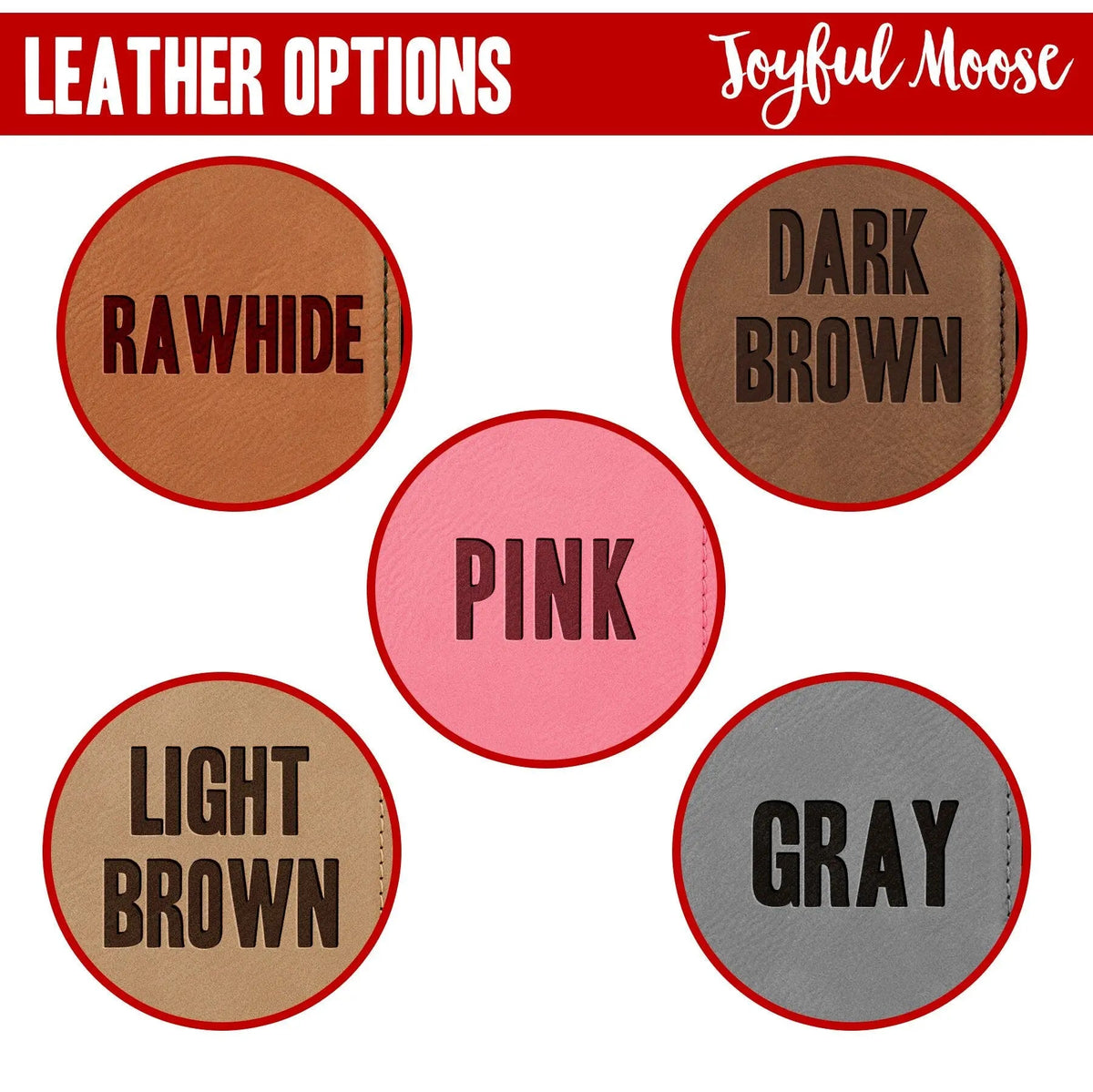 Leather options chart showing Rawhide, Dark Brown, Pink, Light Brown, and Gray